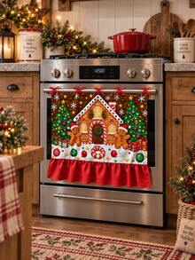 Christmas Gingerbread House Oven Door Curtain, Scalloped Edge Gingerbread Man & Christmas Tree Print Oven Handle Cover With Red Ribbon Tie, Kitchen Holiday Decor - Christmas Gingerbread House - View 6