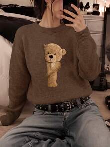 Women's Plus Size Sweater, Bear Pattern, Comfortable Autumn/Winter Women's Clothing, Long Sleeve Crew Neck - Brown - View 2