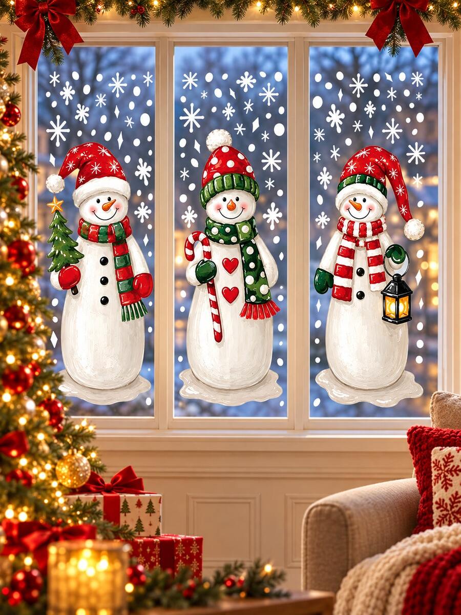 3pcs/1set Christmas Extra Large Snowman Window Clings, Winter Stickers Decor Winter Snowflakes Xmas Window Stickers Decals For Indoor Outdoor Home Holiday Party Store Glass Decorations - Multicolor - View 1