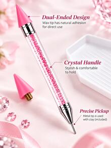 1 Set Dual-Head Rhinestone Pickup Wax Pencil Kit - Crystal Diamond Painting Tool Set, Includes 2 Replaceable Wax Pencil Tips, 4 Pieces Of Clay, Tray And Tweezers, Suitable For Nail Art Decorations, 5D Diamond Painting, Decorative Stickers And DIY Crafts - Rhinestone Picker - View 4