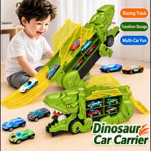 Mainan Truk Pengangkut Mobil Dinosaurus Anak-Anak dengan Lintasan Balap yang Dapat Diubah dan Mobil-Mobil Kecil, Set Mainan Penyimpanan dan Pengangkutan Kendaraan, Cocok untuk Anak Laki-Laki dan Perempuan - Truk Dinosaurus Hijau + 4 Mobil Mini Logam Acak - View 1