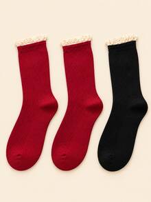 1 Pasang/2 Pasang/3 Pasang Kaos Kaki Ruffle Merah Vintage untuk Wanita, Kaos Kaki Ruffle Renda Lucu untuk Mata Kaki/Betis, Kaos Kaki Katun Bergaris Lembut dengan Manset Ruffle - Burgundy - View 13
