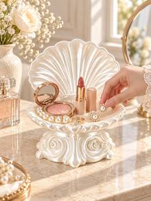 1pc Decorative Shell-Shaped Jewelry & Makeup Tray, Elegant Rose Embossed Vanity Organizer, Suitable For Perfume, Lipstick, Earrings, Rings, Bedroom Vanity Decor, Bathroom Accessories, Toothbrush Holder, Brush Holder, Home Decor, Room Decor, Autumn Home Decor - Multiple Styles - View 5