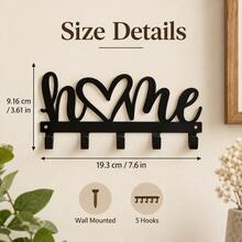 Black Metal HOME Wall Key Holder With 5 Hooks, Heart Letter Wall Decor, Entryway Key Organizer For Keys, Bags, Hallway & Bedroom, Rustic Farmhouse Wall Mounted Coat Hat Hanger, Space Saving Storage Rack, Ideal For Front Door, Apartment - Black - View 10