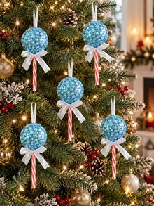 3pcs Glitter Lollipop Christmas Tree Ornament, Iridescent Mosaic Ball, Candy Hanging Decoration With White Bow, Festive Sparkling Holiday Decor For Xmas Tree, Gift Box, Window, Fireplace, Party & Winter Home Decorations - Blue - View 2