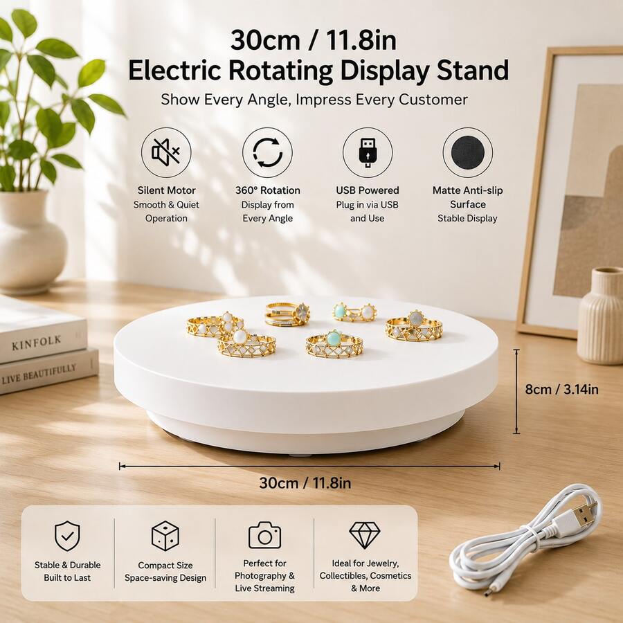 30cm (11.8in) 360° Electric Rotating Display Stand, USB Powered Quiet Motor, Adjustable Forward/Reverse Rotation, Matte Anti-Slip Base, Suitable For Jewelry/Figurines/Crystal Crafts/Product Photography/Live Streaming Display, Includes USB Data Cable - White - View 1