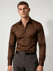 Men's Solid Color Regular Shoulder Long Sleeve Single-Breasted Casual Dress Shirt, For Fall - Brown - View 2