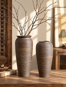 1pc Chinese Zen Style Ceramic Vase Flower Pot Vintage Handmade Coarse Clay Pot Living Room Home Decor Flower Arrangement - Vase - View 4