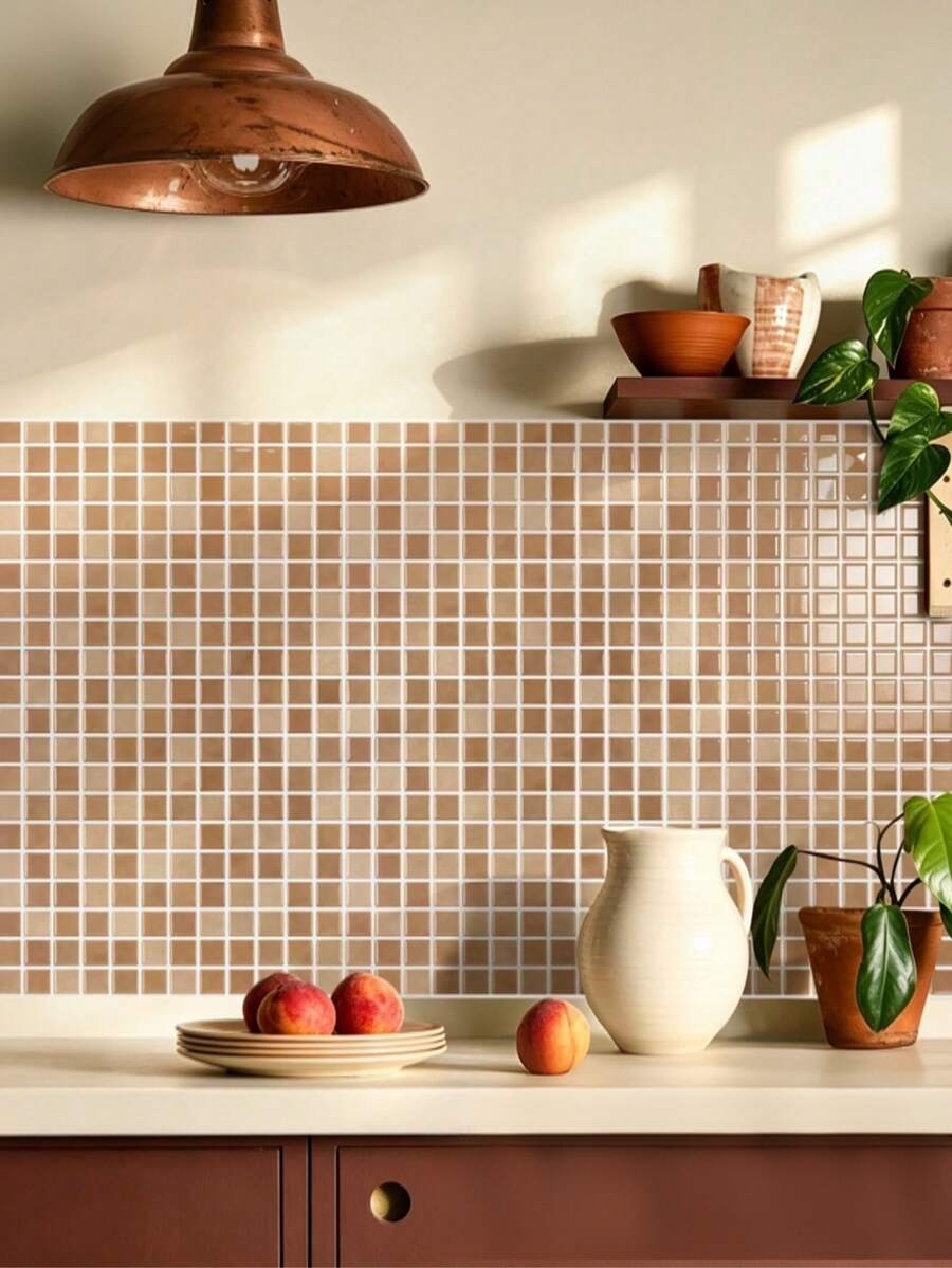 Waterproof Textured Vinyl DIY Self-Adhesive Peel And Stick Backsplash Tile, Gradient Warm Beige Mini Square Mosaic Wallpaper, Soft Earth Tone Transition, Glossy Ceramic Feel Surface, For Home Decor - Mocha Brown - View 1