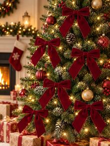 12/24pcs Christmas Velvet Bow Ornaments, Burgundy Long Tail Ribbon Bows For Christmas Tree, Wreath, Garland, Gifts & Holiday Party Decorations - Bow - View 2