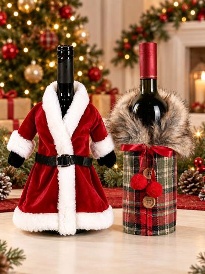 2pcs/1pc Christmas Decoration, Creative Wine Bottle Bag, Christmas Wine Bottle Cover, Christmas Dress Wine Bottle Decor, Christmas Wine Bottle Cap With Plush Collar - Polyester Material, Suitable For Holiday Parties And Home Decor