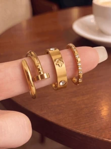 3pcs/Set Luxury Exquisite Stainless Steel Women's Rings, 18K Stainless Steel Fashion Elegant Zirconia Rings, Stackable Ring Set, Size 6-10, Wedding Rings, Wedding Season Gift, Couple Jewelry, Christmas Gift, Family Gift, Waterproof Non-Fading, Long-Lasting Color - Multicolor - View 1