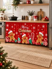 1pc Christmas Gingerbread Man Polyester Kitchen Cabinet Curtain, Merry Christmas Candy Cane Snowflake Print Under Sink Cover, Farmhouse Kitchen Skirt For Xmas Home Decor - B - View 5