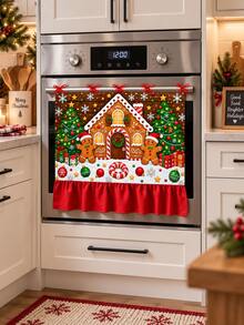 Christmas Gingerbread House Oven Door Curtain, Scalloped Edge Gingerbread Man & Christmas Tree Print Oven Handle Cover With Red Ribbon Tie, Kitchen Holiday Decor - Christmas Gingerbread House - View 11