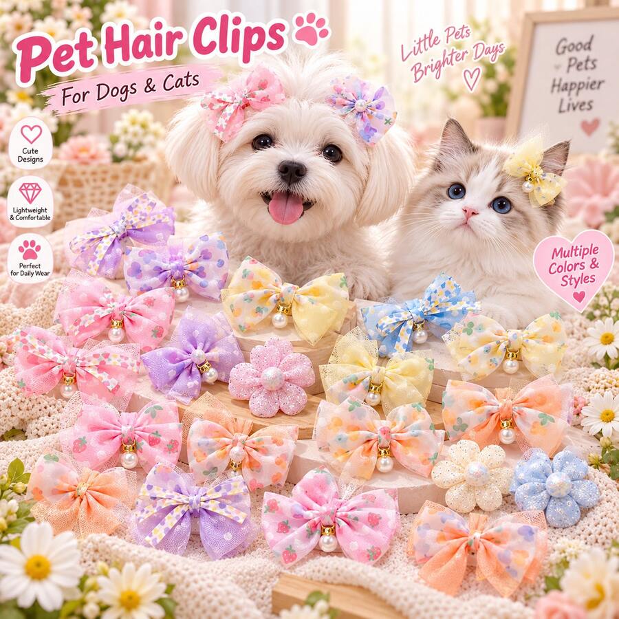 Kẹp tóc thú cưng ngẫu nhiên 5/10/20 cái, phù hợp cho chó và mèo, kẹp tóc nơ và hoa dễ thương, phụ kiện cún con nhẹ, phù hợp cho chó nhỏ, phụ kiện chăm sóc thú cưng, dùng đeo hàng ngày và chụp ảnh