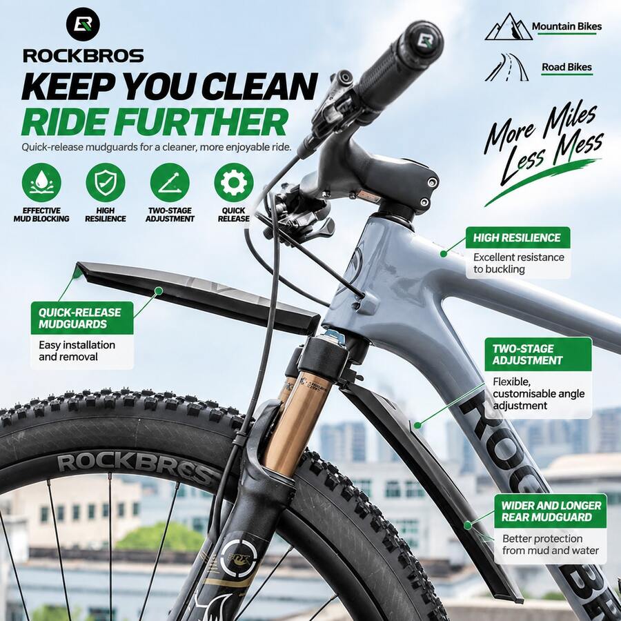 ROCKBROS A Pair Bicycle Mudguard Set Front Fender+Rear Fender Mudguard Angle Is Flexibly Adjustable Mountain Road City Bikes Waterproof Splash Guard Bicycle Accessories Solid And Not Fall Off - Multicolor - View 1