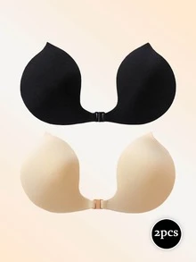 1pc/2pcs Women's Back Adhesive Deep V Bra, Black And Khaki, Front Buckle Design, Fox Tail Shaped Invisible Cups, Comfortable And Invisible, Suitable For Evening Gowns, Christmas Parties And Autumn Outfits. - Multi-color - View 12