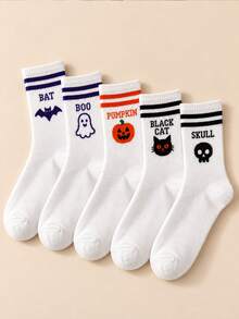 3-5 pares de calcetines de media caña para mujer de Halloween, con patrón de murciélago, fantasma, calabaza, gato negro y calavera, calcetines acanalados con puño a rayas, lindos y casuales - Multicolor - Ver 2