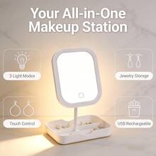 LED Lighted Makeup Mirror With Storage Tray, Touch Control Vanity Mirror, 3 Color Lighting, USB Rechargeable Cosmetic Mirror For Dressing Table - Multicolor - View 4