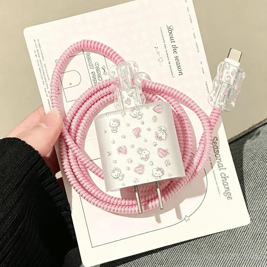 SANRIO 1set Lovely KT Cat Cartoon Character Design Is Suitable For 18W/20W Adapter - Hellokitty Charging Head Cover And Data Cable Protective Cover Set, Perfect Gift For HelloKitty Fans, Also Great Gift For Family And Friends
