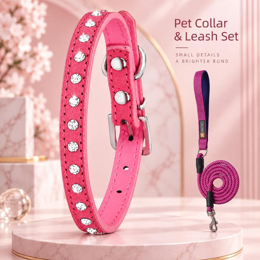 Shiny Rhinestone Pet Collar, Non-Chafing Dog Leash, Single Row Rhinestone Decorated PU Dog Collar, Adjustable Size, Suitable For Small To Medium And Young Dogs, Leash With Wide Handle To Distribute Pulling Force, Soft And Comfortable Non-Chafing - Hot Pink - View 1
