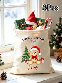 Christmas Custom Name Drawstring Gift Bag, Festive Santa Teddy Bear Print Sack, Large Capacity Reusable Gift Storage Pouch, Thoughtful X‑Mas Gift Idea For Loved Ones - Multi-color 1 - View 13