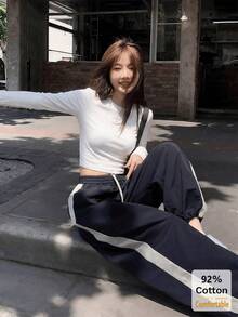 92% Cotton White Long Sleeve T-Shirt Women Versatile Crop Top Sexy Stylish Beautiful Inner Layer Base Layer - White - View 4