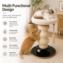 Modern Cat Tree Tower With Plush Bed, Natural Sisal Scratching Post, Cooling Mat, Hanging Rope & Rolling Ball For Indoor Cats - Beige - View 7
