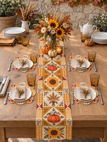 1 Set Autumn Harvest Pumpkin Sunflower Wheat Table Runner & Placemat Set, Orange Plaid Patchwork Farmhouse Dining Table Decor, Rustic Fall Thanksgiving Kitchen Decoration, Harvest Party Home Dining Room Seasonal Tabletop Decor - Multicolor - View 1