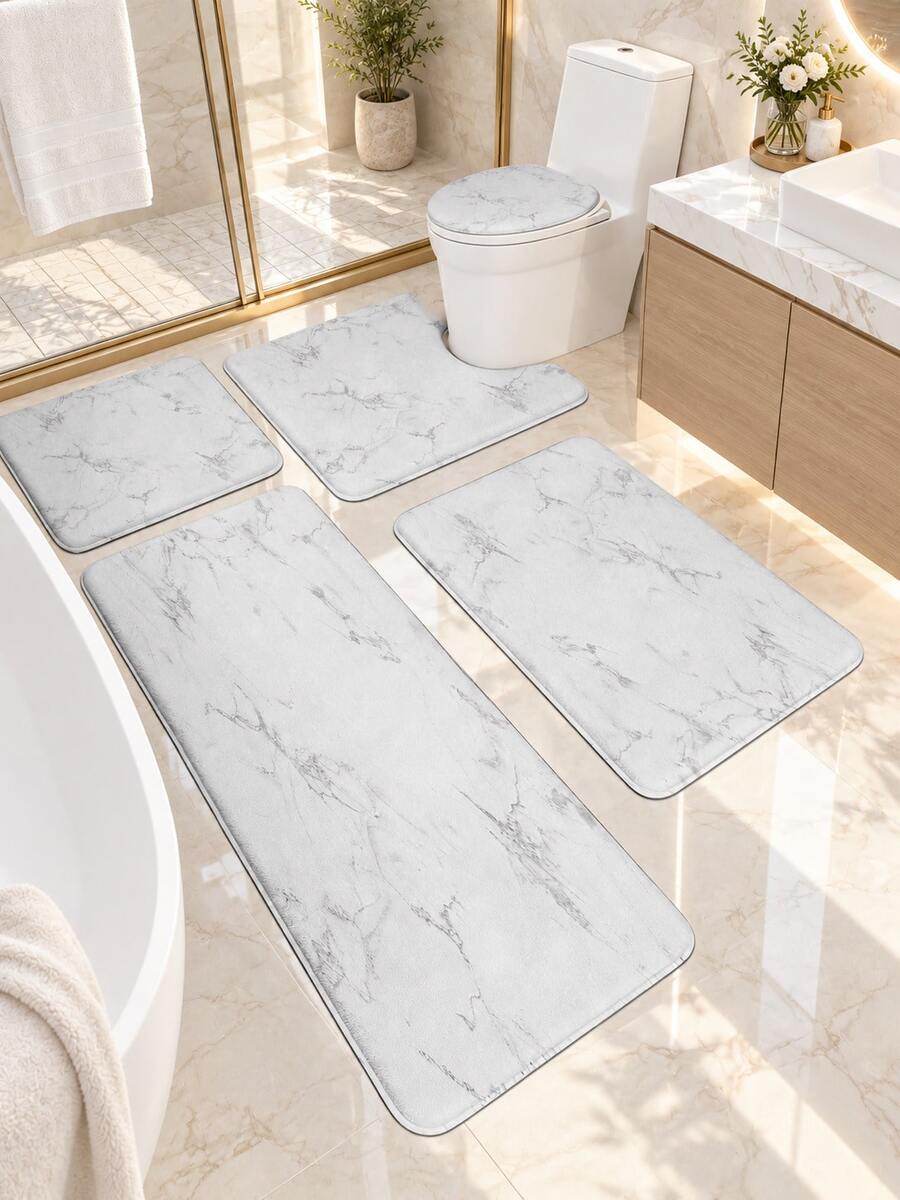3/5件套豪华白色大理石纹浴室地垫套装，仿大理石纹理图案，柔软吸水防滑浴室配件 - 包括马桶盖套、U型马桶垫、浴室门垫、梳妆台垫、浴缸大垫 - 法兰绒+记忆棉+涤纶面料 - 可水洗，防霉 - 四季皆宜，适用于家庭/酒店/宿舍/户外露营/西式风格/节日浴室装饰，返校必备，乔迁/母亲节礼物