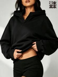mulinsen Women's Solid Color Fleece Lined Half-Zip Hooded Sweatshirt, Loose Long Sleeve Sports Sweatshirt, Suitable For Daily Outdoor Wear - Black - View 8