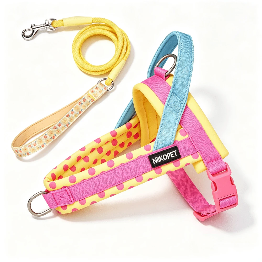 2pcs Dog Harness And Leash Set | Durable Polyester Webbing . Polka Dot Print Thickened Neoprene Soft Padding . Anti-Burst Anti-Escape; Non-Chafing Leash Handle, Round Rope Durable And Strong, Suitable For Medium Dogs Indoor And Outdoor Use - Multicolor - View 1