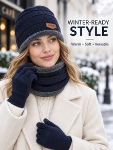 3pcs Unisex Thick Warm Fleece Cable Knit Hat, Scarf And Touchscreen Anti-Slip Gloves Set, Suitable For Daily Commute, Skiing, Cycling And Outdoor Activities - Multicolor - View 4