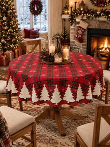 1 buah Taplak Meja Pohon Natal Kotak-kotak Merah, Taplak Meja Bulat/Persegi Gaya Rumah Pertanian Tradisional dari Poliester, Motif Pinggiran Kepingan Salju dan Pohon, Lembut dan Dapat Dicuci, Dekorasi Meja Makan Rumah Musim Dingin untuk Pesta Makan Malam Natal - MultiWarna - View 17