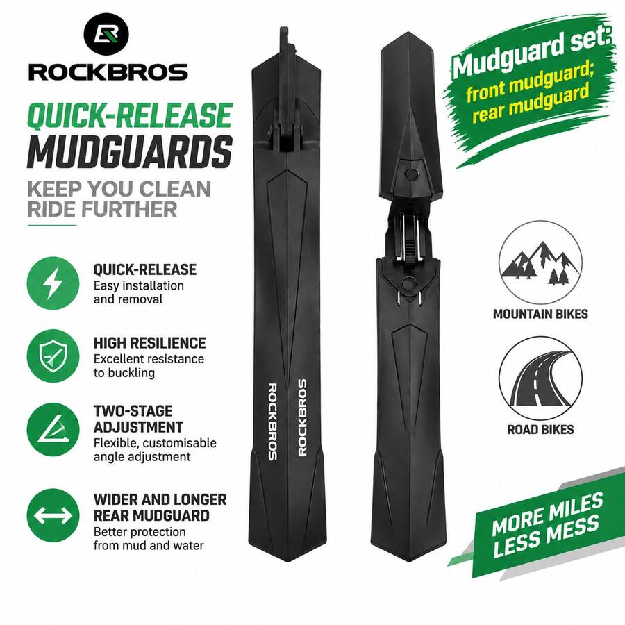 ROCKBROS A Pair Bicycle Mudguard Set Front Fender+Rear Fender Mudguard Angle Is Flexibly Adjustable Mountain Road City Bikes Waterproof Splash Guard Bicycle Accessories Solid And Not Fall Off - Multicolor - View 1