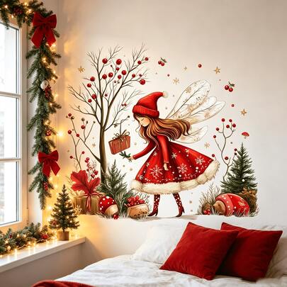 Merry Christmas Angel & Christmas Tree Wall Decals - Removable Holiday Stickers For Bedroom, Kitchen And Window Decoration