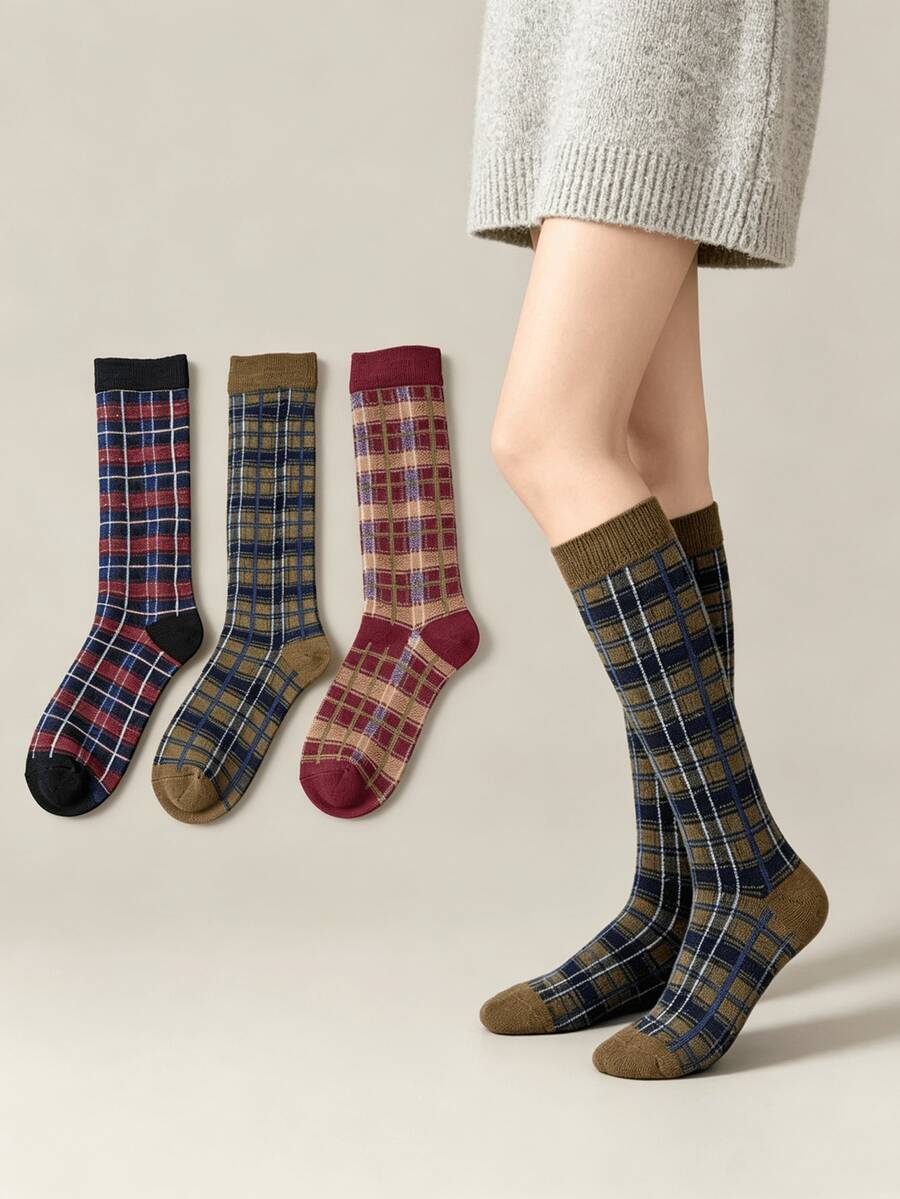 1/3 Pairs Maillard Japanese Retro Colorful Plaid Versatile Comfortable Preppy Style Calf Socks - Multicolor - View 1