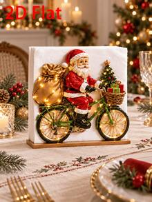 2D Flat Santa Claus Riding Bicycle Napkin Holder, Christmas Table Napkin Box, Christmas Gift Holiday Supplies, Christmas Party Table Decoration, Holiday Napkin Storage Rack, 2D Flat Design - Multicolor - View 1