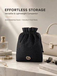 Armani Luxury Black Herringbone Drawstring Pouch, Portable Soft Textured Cosmetic Storage Bag, Makeup And Jewelry Organizer - Black Herringbone Drawstring Bag - View 9