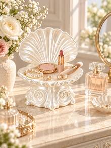 1pc Decorative Shell-Shaped Jewelry & Makeup Tray, Elegant Rose Embossed Vanity Organizer, Suitable For Perfume, Lipstick, Earrings, Rings, Bedroom Vanity Decor, Bathroom Accessories, Toothbrush Holder, Brush Holder, Home Decor, Room Decor, Autumn Home Decor - Multiple Styles - View 3