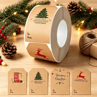 300Pcs Seasonal Christmas Gift Label Stickers Roll, Retro Kraft Paper Colorful Xmas Tree Reindeer Stocking Print, Self‑Adhesive To From Present Tags, For Christmas Table Decorations, Autumn Home Decor, Holiday Present Decoration, Xmas Party Favors