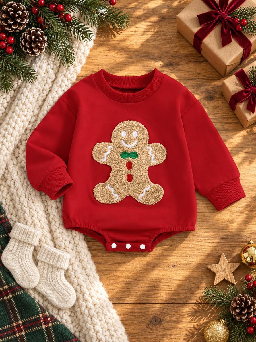 Sweet Christmas Baby Long Sleeve Bodysuit, 3D Gingerbread Man Applique Holiday Outfit - Red - View 1