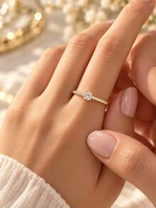 1pc Sterling Silver & Cubic Zirconia Ring, Exquisite Wedding Jewelry For Women - Yellow Gold - View 6