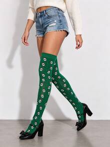 1 Pair Of Green Santa Claus Over-The-Knee Socks-Featuring A Classic Style And Look, Perfect For Wearing During Christmas Or Giving As A Gift. - Green - View 3