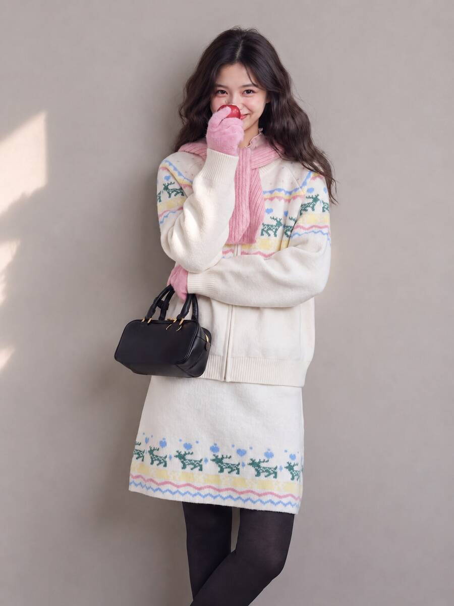 Set Kardigan dan Rok Motif Rusa Fair Isle Vintage untuk Wanita, dengan Resleting, Pakaian Musim Dingin yang Hangat - Krem - View 1