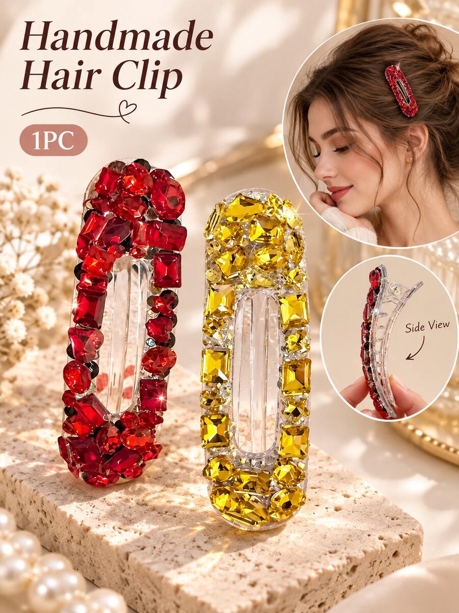 1pc Handmade Rhinestone Hair Clip, Shiny Crystal Hair Clip, Elegant Jewelry Hair Accessory, Suitable For Women, French Style Hair Clip, Suitable For Daily Party Styling, Gift - Multicolor - View 1