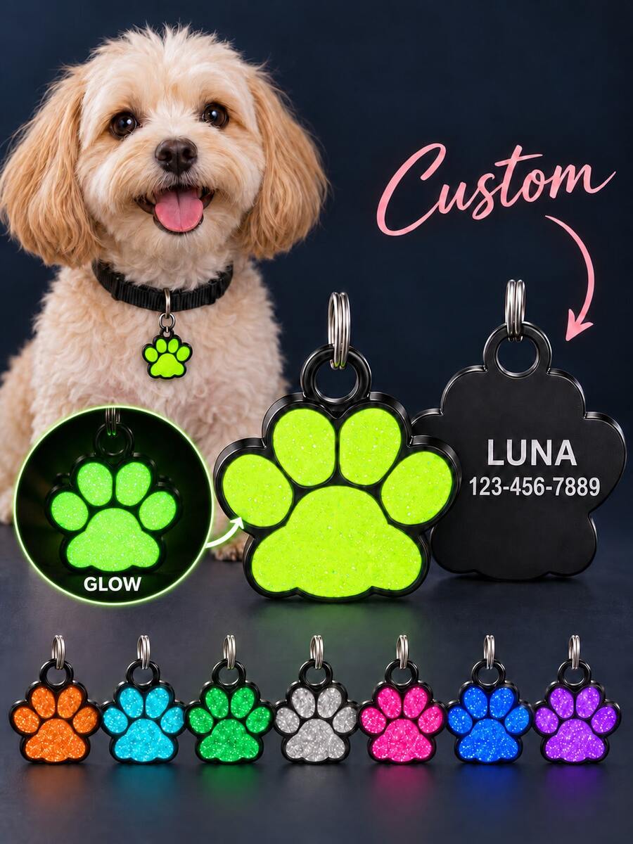 Personalized Glow-In-The-Dark Pet ID Tag, Custom Engraved Paw Print Dog & Cat Collar Pendant With Name And Phone Number, Multiple Colors