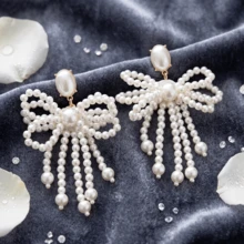 NeeFu WoFu 1pair Handmade Pearl Butterfly Drop Earrings, Boho Faux Pearl Long Tassel Earrings, Elegant Christmas Gift For Bride, Wedding Jewelry Gift - Butterfly - View 7