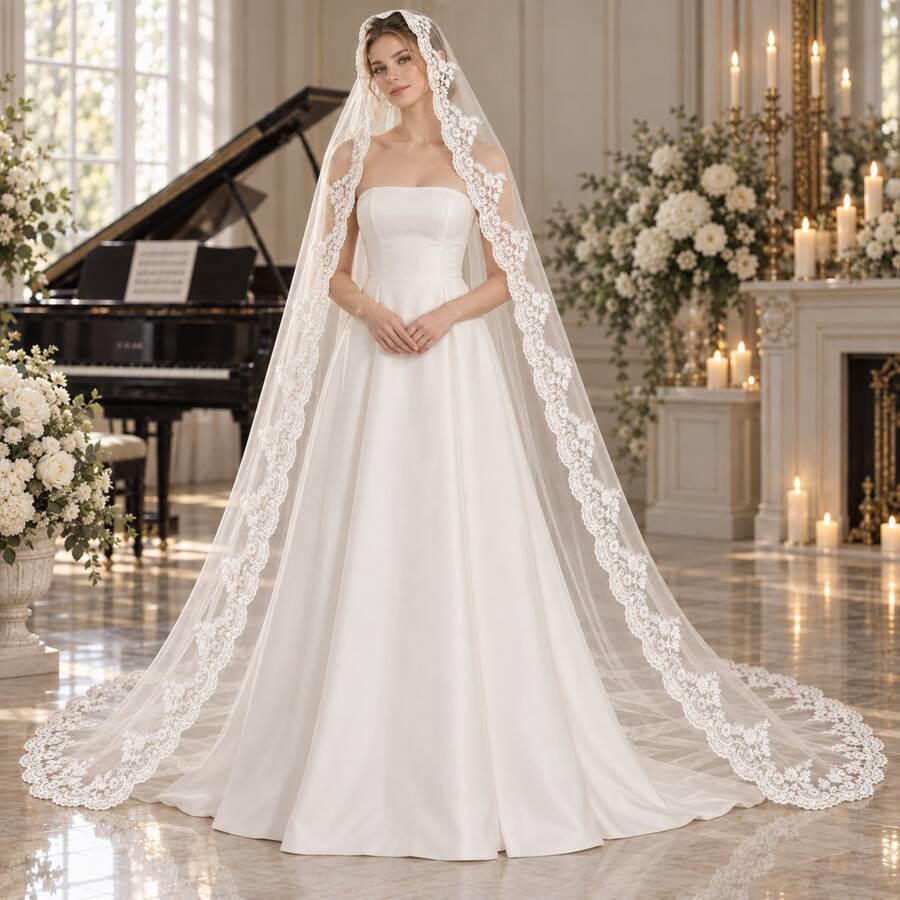 1pc Floral Lace Applique Cathedral Style Bridal Veil, Mantilla Style Long Wedding Veil With Comb, Elegant Tulle Bridal Accessory - Multicolor - - View 1