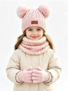 3PCS Girls Toddler Double Ball Warm Woolen Hat Scarf Gloves Set Autumn Winter Outdoor Warm Knitted Hat - FS Beanie - View 3